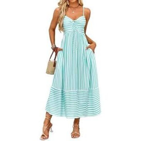 Fashionme Striped Maxi Dresse White Tiffany Blue Spaghetti Strap Smocked S NWT - Picture 1 of 16